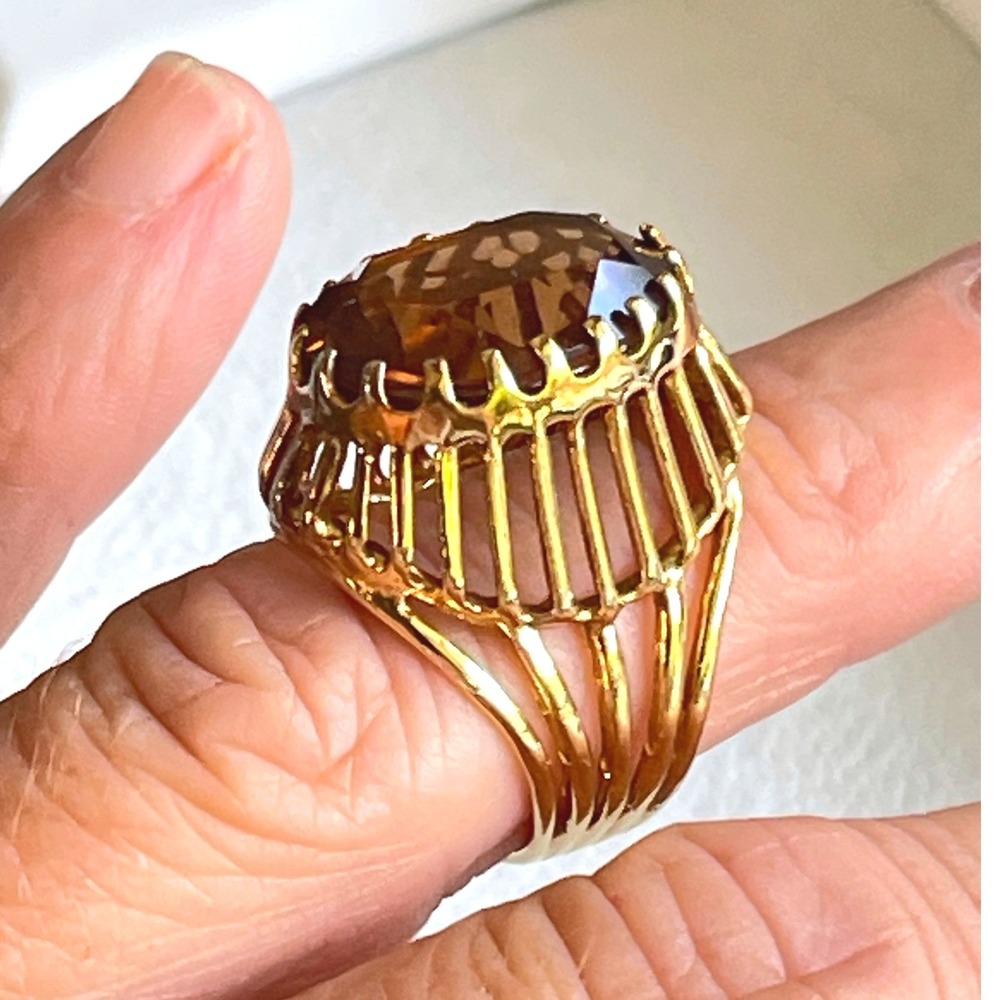 Vintage 18KT HGF Gold Filled Smoky Brown Gemstone Cocktail Ring Size 6 8g - Picture 6 of 8